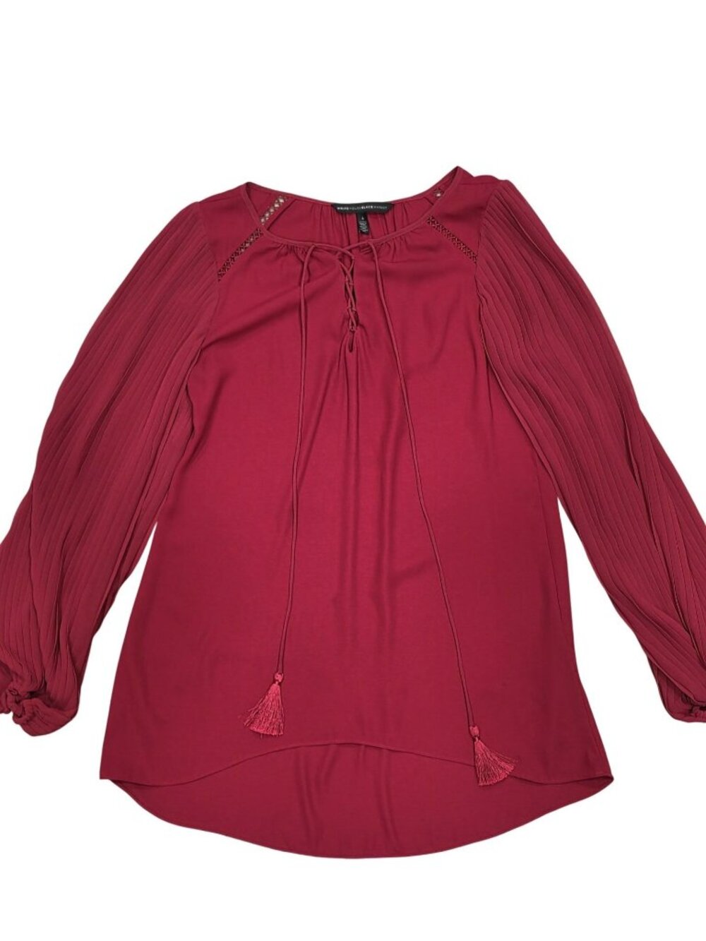White House Black Market Red Pleated Long Sleeve Blouse Tassels & Lace-Up Size 4